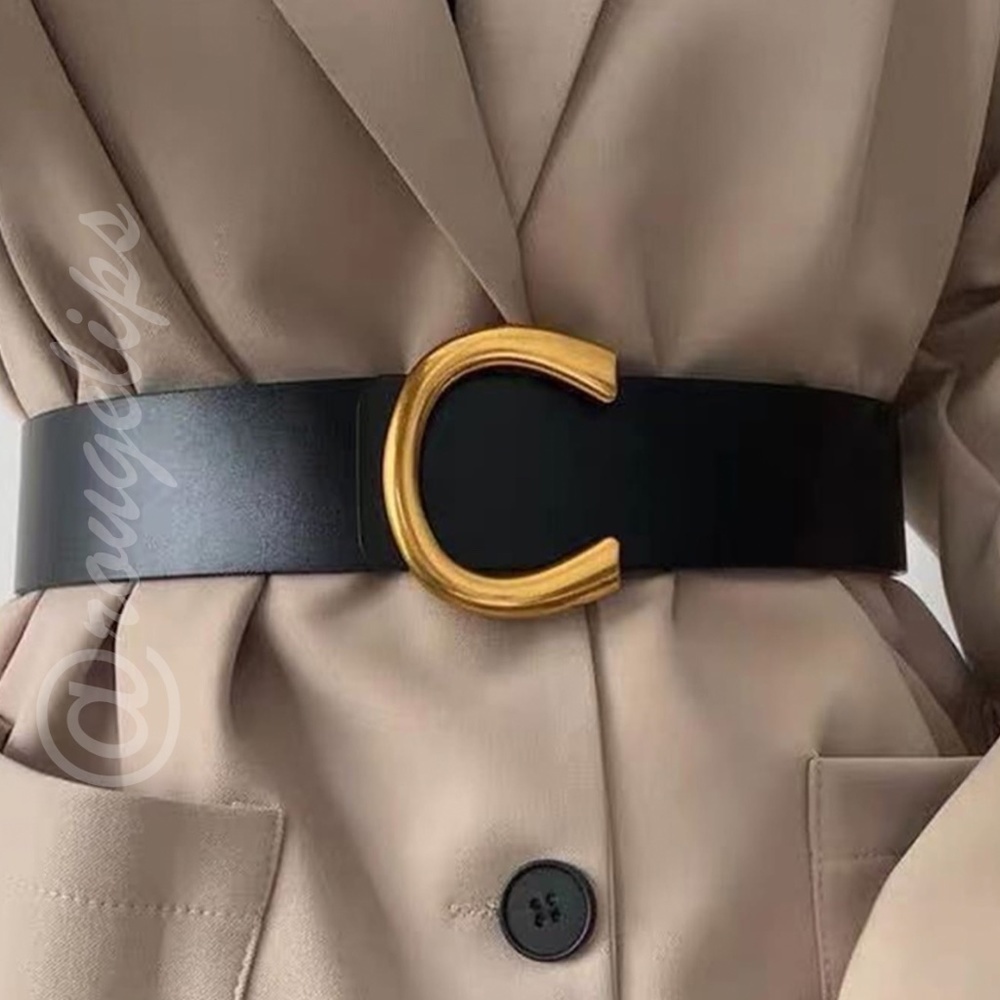 PU Wide Black Belt Gold Tone Horseshoe Buckle